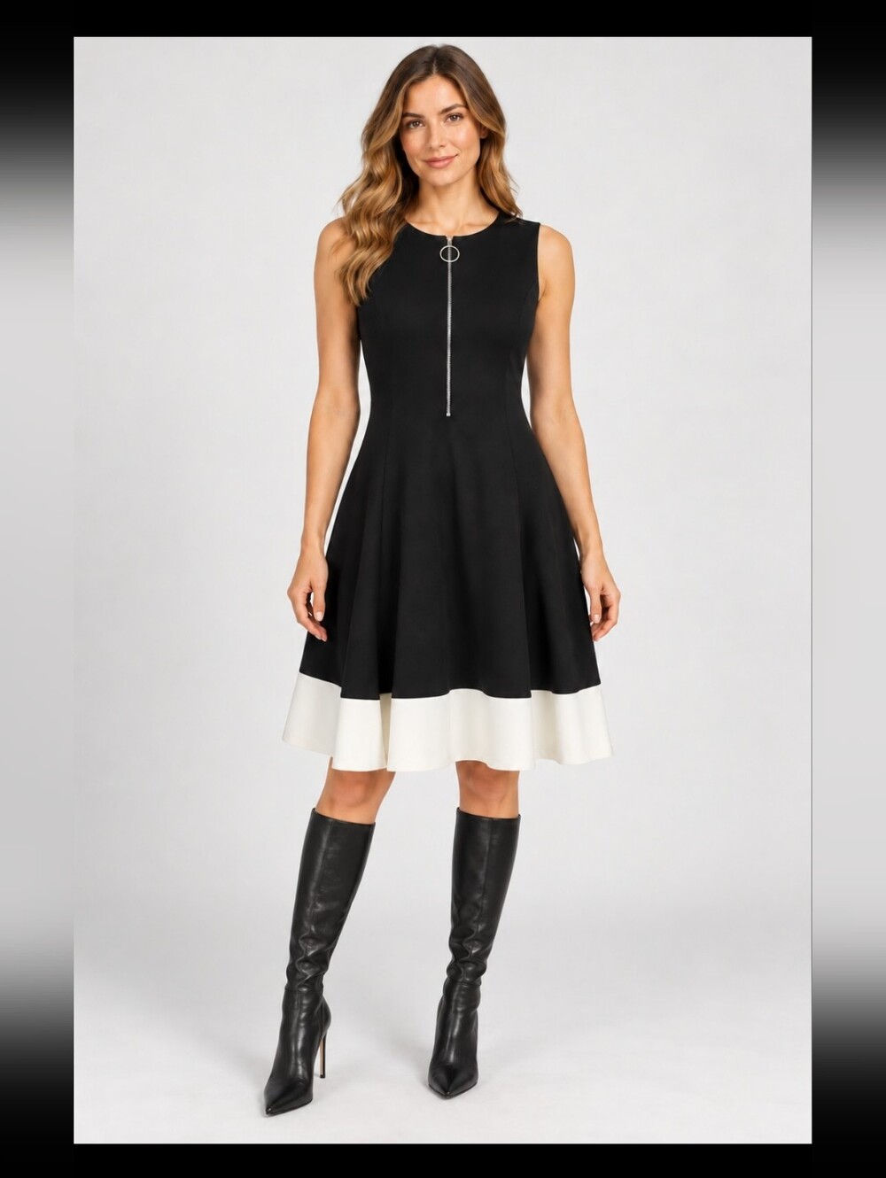 DKNY Black and White Sleeveless A-Line Dress